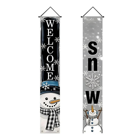 Christmas Snowman Door Hanging Decoration Set, 2-Pack, Vertical Banners With "Welcome" & "Snow" Text, Snowman Figures, Snowflake Accents, Ideal For Indoor Doors, Walls, Windows,