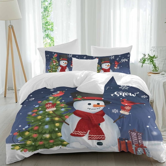 Christmas Snowman Duvet Cover Set Queen Size, Cartoon Cardinal Bird Xmas Tree Snowflake Gradient Blue 4 Piece Bedding Set with Zipper Closure & Corner Ties Soft Breathable Comforter Cover for Bedroom