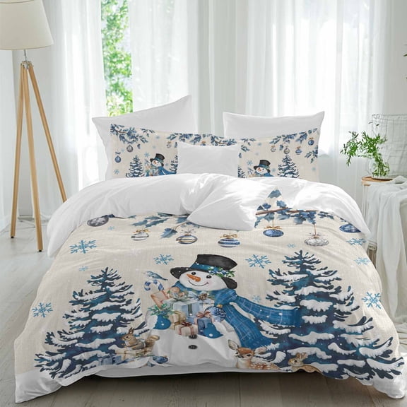 Christmas Snowman Duvet Cover Set Queen Size, Xmas Tree Branches Balls Deer Rustic 4 Piece Bedding Set with Zipper Closure & Corner Ties Soft Breathable Comforter Cover for Bedroom