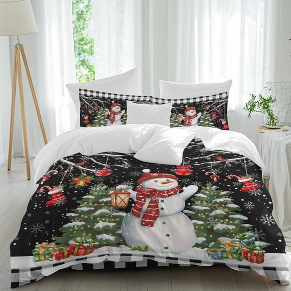 Christmas Snowman Duvet Cover Set Twin Size, Xmas Trees Gifts Ball Bell Winter Snowflake Black Plaid 4 Piece Bedding Set with Zipper Closure & Corner Ties Soft Breathable Comforter Cover for Bedroom