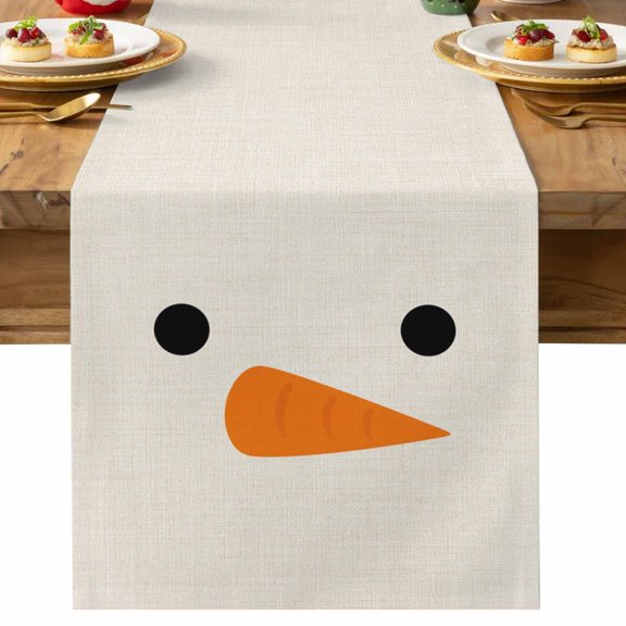 Christmas Snowman Face Table Runner 13x36 Inch Minimalist Beige Textured Cotton Linen Dining Table Runner Ideal for Dresser Kitchen Coffee Tables - Machine Washable