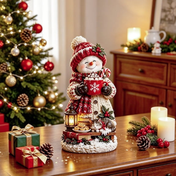 Christmas Snowman Figurine Decoration, 7.87" Snowman Cat Hot Cocoa Resin Figurine Decor, Winter Indoor Home Decorations, Christmas Tabletop Cabinet Mantel Coffee Bar Decor