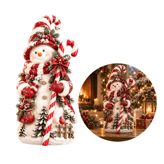 Christmas Snowman Figurine, Holiday Tabletop Centerpiece Decor, Winter Rustic Statue with Candy Cane, Cardinal Bird and Pine Accents for Mantel and Shelf