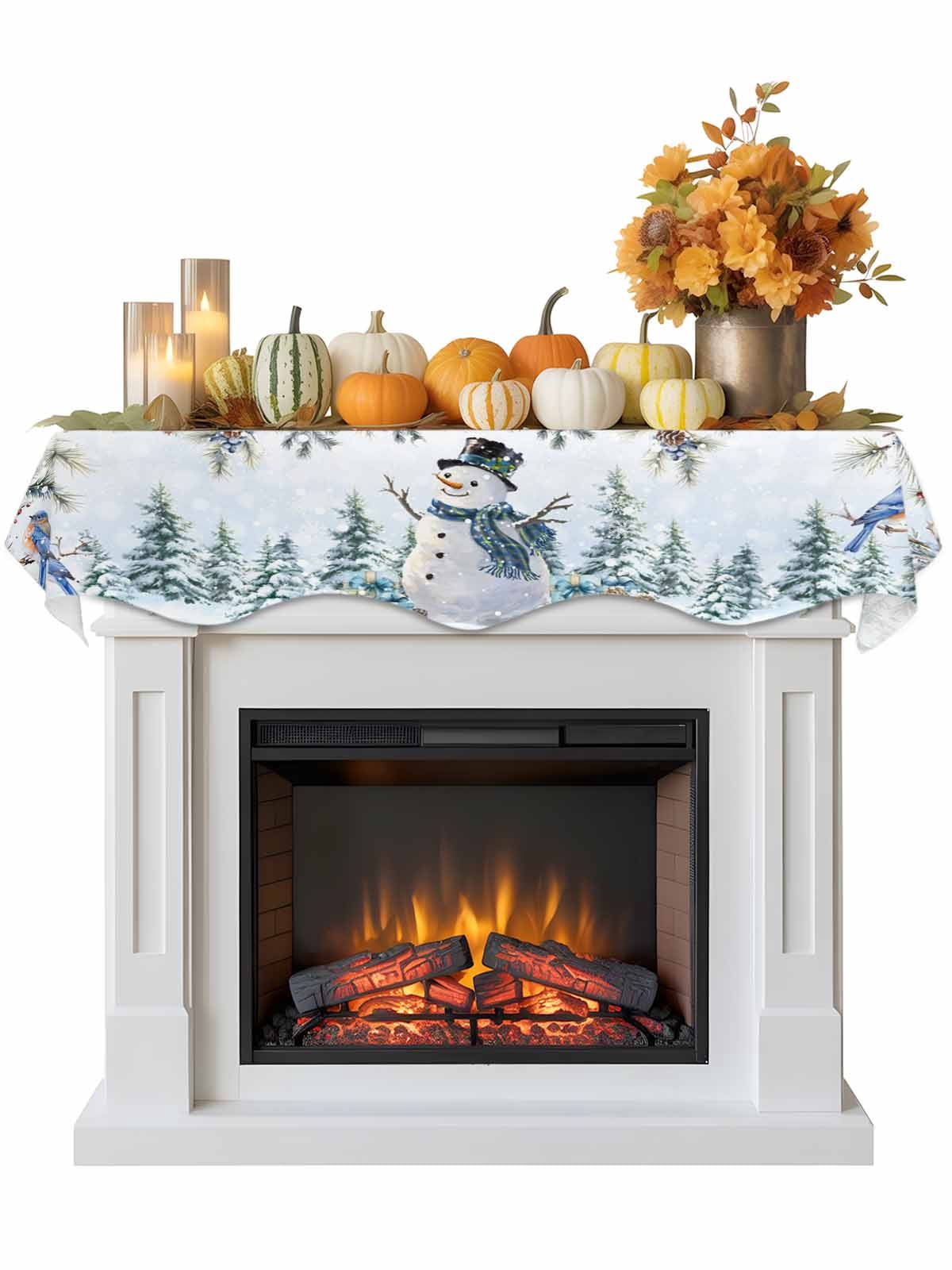 Christmas Snowman Fireplace Mantle Scarf Pine Leaf Forest Birds Berries Blue Snow Mantel Cover Runner Fireplace Cloth for Holiday Party Home Living Room Decor 70 x 17 Inch