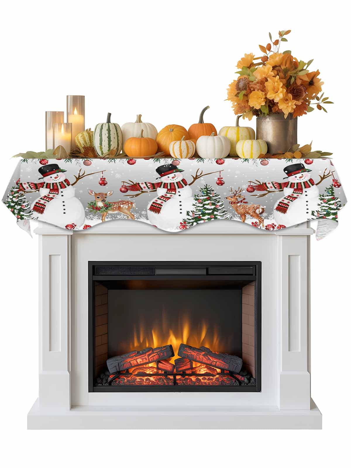 Christmas Snowman Fireplace Mantle Scarf Pine Tree Leaf Deer Xmas Balls Snow Grey Mantel Cover Runner Fireplace Cloth for Holiday Party Home Living Room Decor 70 x 17 Inch