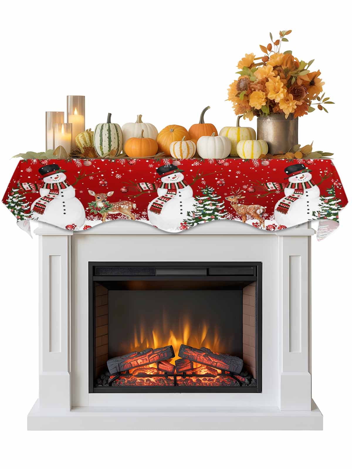Christmas Snowman Fireplace Mantle Scarf Pine Tree Leaf Deer Xmas Balls Snow Red Mantel Cover Runner Fireplace Cloth for Holiday Party Home Living Room Decor 70 x 17 Inch