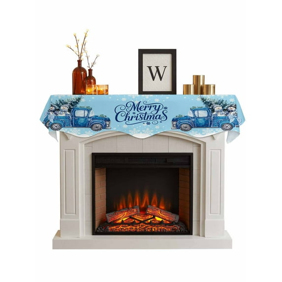 Christmas Snowman Fireplace Mantle Scarf, Winter Blue Truck Xmas Tree Snowflake Mantel Cover Table Runner for Home Living Room Door Window, Indoor Outdoor Holiday Party Decor 17" x 60"