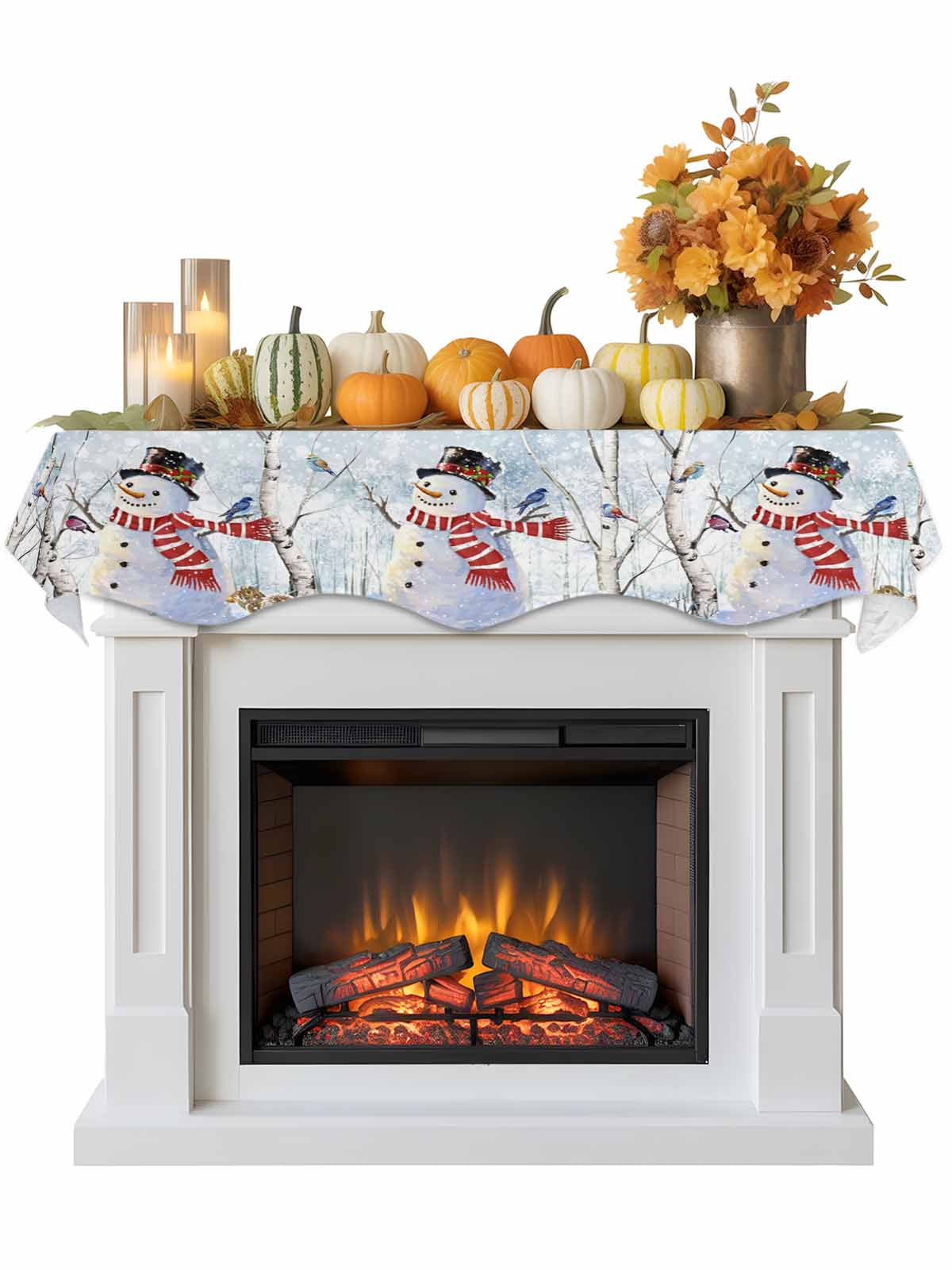 Christmas Snowman Fireplace Mantle Scarf Winter Forster Squirrels Xmas Bird Snowfall Mantel Cover Runner Fireplace Cloth for Holiday Party Home Living Room Decor 70 x 17 Inch