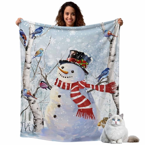 Christmas Snowman Flannel Blanket for Bed,Travel and Camping, Winter Forster Squirrels Xmas Bird Snowfall Super Soft Cozy Blanket for All Seasons 30"x40"