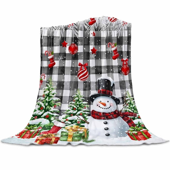 Christmas Snowman Flannel Blanket for Bed,Travel and Camping, Xmas Tree Socks Ball Winter Black Plaid Super Soft Cozy Blanket for All Seasons 60" x 80"