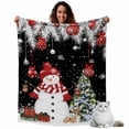 thumbnail image 1 of Christmas Snowman Flannel Blanket for Bed,Travel and Camping, Winter Fir Leaves Xmas Ball Tree Black Super Soft Cozy Blanket for All Seasons 50"x60", 1 of 9