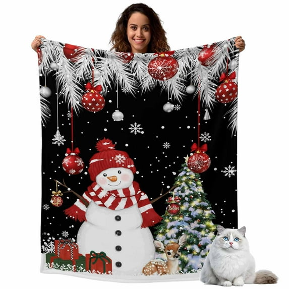 Christmas Snowman Flannel Blanket for Bed,Travel and Camping, Winter Fir Leaves Xmas Ball Tree Black Super Soft Cozy Blanket for All Seasons 50"x60"