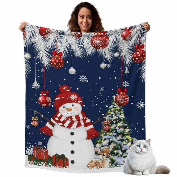 Christmas Snowman Flannel Blanket for Bed,Travel and Camping, Winter Fir Leaves Xmas Ball Tree Blue Super Soft Cozy Blanket for All Seasons 50"x60"