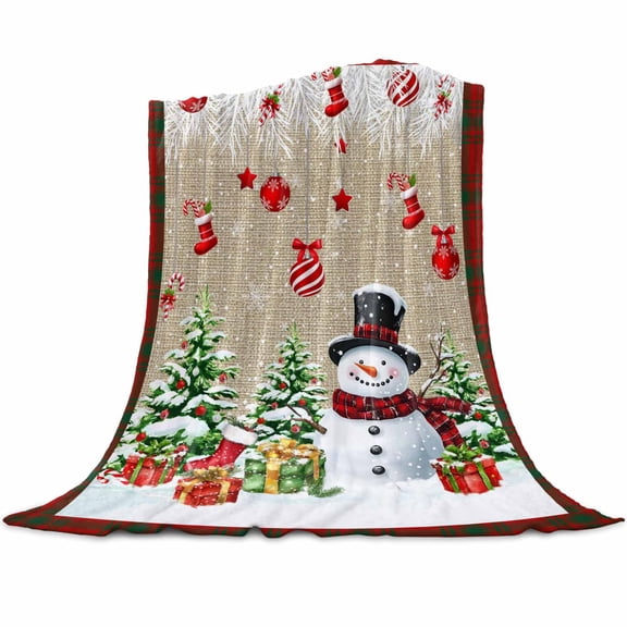 Christmas Snowman Flannel Blanket for Bed,Travel and Camping, Xmas Tree Socks Ball Red Plaid Winter Super Soft Cozy Blanket for All Seasons 30"x 40"