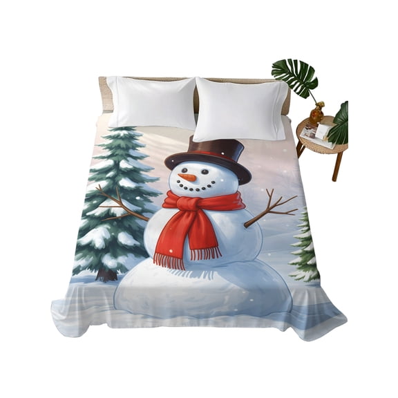 Christmas Snowman Flat Sheet Only Twin Size, Soft Breathable Bed Top Sheets for Mattress, Winter Green Tree Cute Xmas Snows Pine Luxury Bedding Flat Sheets for Home Hotel Bedroom Bed Protection