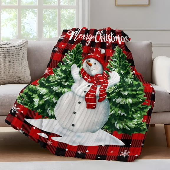 Christmas Snowman Fleece Throw Blanket for Couch, Winter Xmas Trees Red Black Plaid Snow Microfiber Flannel Blanket for All Season, Lightweight Soft Throw Blankets for Baby, Kids, Pets, 30"x40"