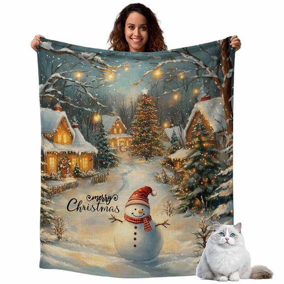 Christmas Snowman Fleece Throw Blanket Lightweight Xmas Tree Rustic Farmhouse Fuzzy Flannel Throws Super Soft Cozy Flannel Blanket for Couch, Sofa, Bed, Travel 40"x50"