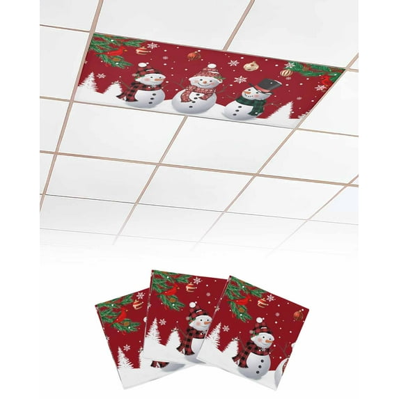 Christmas Snowman Fluorescent Light Covers for Ceiling Lights 4x2 feet,3 Pack Magnetic Light Filters for Classroom,Red Xmas Pine Branch Snowflake Red Birds Fluorescent Light Shade Panel for Office