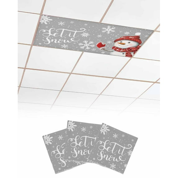 Christmas Snowman Fluorescent Light Covers for Ceiling Lights 4x2 feet,3 Pack Magnetic Light Filters for Classroom,Xmas Let Snow Winter Snowflake Grey Fluorescent Light Shade Panel for Office School