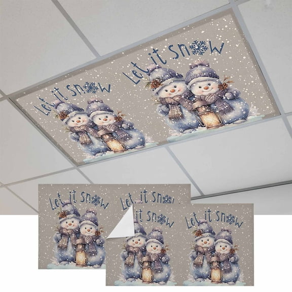 Christmas Snowman Fluorescent Light Covers, Winter Snowflake Grey Rustic Burlap Magnetic Light Covers for Ceiling Lights, Fluorescent Ceiling Shade Filters for Classroom Bedroom Office 4x2Ft x 2PCS