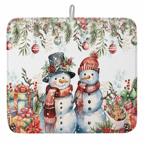 Christmas Snowman Friends Dish Drying Mat, Xmas Balls Poinsettia Leaves Absorbent Dish Drying Matt Pad for Kitchen Countertops,Sinks,Dish Drainer Racks, Small 16x18inx1PC,,