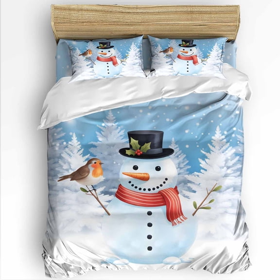 Christmas Snowman Full Size Comforter Set, Winter Snowman Bird Xmas Trees Snowing Soft Bedding for All Seasons, 4 Pcs Bed Set with 1Comforter (86"x86") ,1 Sheet(80"x116"), 2 Pillowcases (19"x29")
