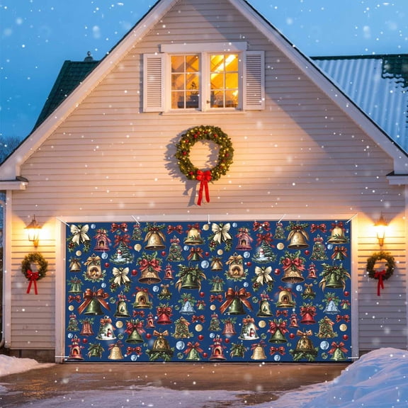 Christmas Snowman Garage Door Banner Covers, Bell Spruce Leaves Balls Bells Navy Blue Large Hanging Indoor/Outdoor Backdrop Background for Christmas Winter Party Decor, 6x13 FT