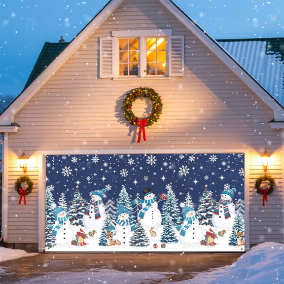 Christmas Snowman Garage Door Banner Covers, Cute Snowman Xmas Trees Snowflakes Navy Blue Large Hanging Indoor/Outdoor Backdrop Background for Christmas Winter Party Decor, 6.9x8 FT