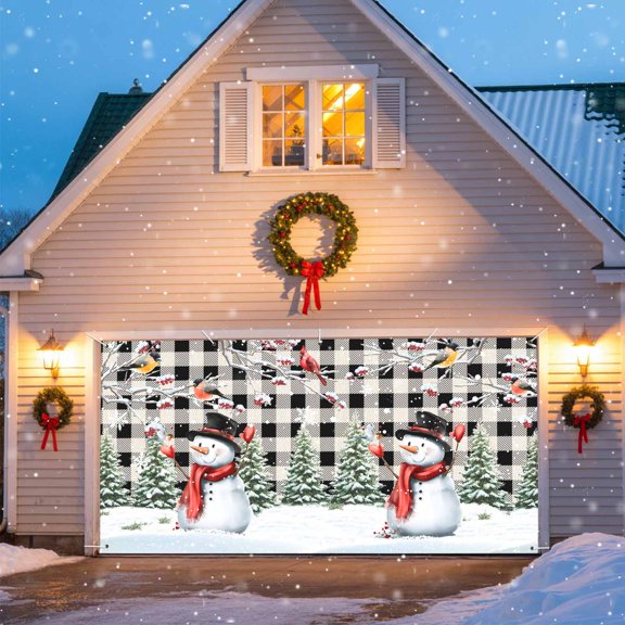 Christmas Snowman Garage Door Banner Covers, Tree Winter Bird Berry Black Plaid Large Hanging Indoor/Outdoor Backdrop Background for Christmas Winter Party Decor, 6x13 FT