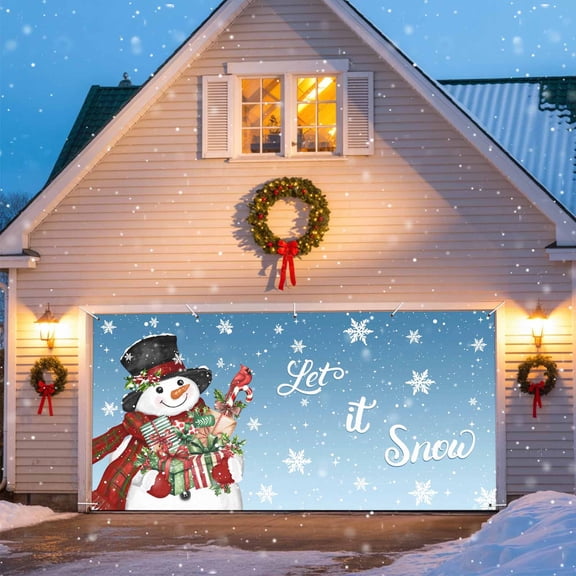Christmas Snowman Garage Door Banner Covers, Winter Xmas Box Bird Snowflakes Blue Ombre Large Hanging Indoor/Outdoor Backdrop Background for Christmas Winter Party Decor, 6.9x8 FT