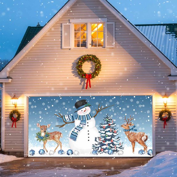 Christmas Snowman Garage Door Banner Covers, Xmas Tree Deer Winter Blue Ombre Snow Scene Large Hanging Indoor/Outdoor Backdrop Background for Christmas Winter Party Decor, 6x13 FT