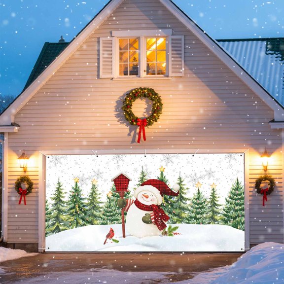 Christmas Snowman Garage Door Banner Covers, Xmas Tree Forest Snowflake Winter Snowing Large Hanging Indoor/Outdoor Backdrop Background for Christmas Winter Party Decor, 6x13 FT