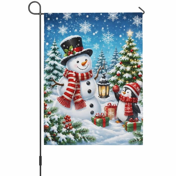 Christmas Snowman Garden Flag 12 x 18 Inches, Winter Festive Snowy Pine Tree Penguin Weather Proof Outdoor Patio Flags Double Sided Small Garden Decoration for Yard Outside Home