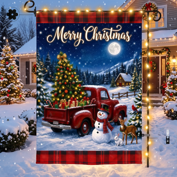 Christmas Snowman Garden Flag 12x18 Inch Double Sided Yard Flags Christmas Tree Farm Pickup Garden Flags for Outside Includes Anti Wind Clip,Stopper,Lights