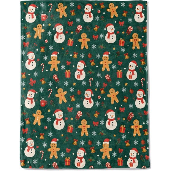 Christmas Snowman Gingerbread Decorative Blanket, Candy Cane Bell Print Decoration, Soft Flannel Winter Blankets for Couch Bed Sofa, Holiday Home Decor, Xmas Festival Gifts 40x50 Inch
