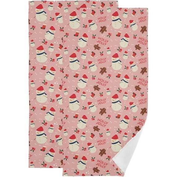 Christmas Snowman Gingerbread Hand Towels, Holly Jolly Pink Kitchen Towel Ultra Soft and Absorbent,Decorative Fingertip Face Towel for Bathroom Hotel, 2 PCS, 28.3"x 14.4"