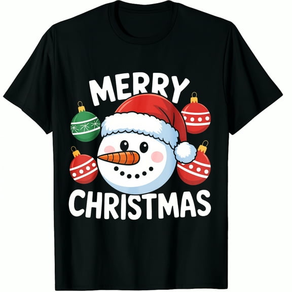 Christmas Snowman Hat Merry Ornaments Print Black Graphic T-Shirt for Men and Women