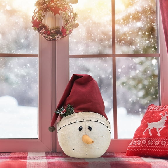 Christmas Snowman Head Figurine Primitive Tabletop Centerpiece with Tall Santa Hat Pine Berry Decor Mantel Holiday Ornament for Xmas Fireplace Shelf Indoor Winter Display