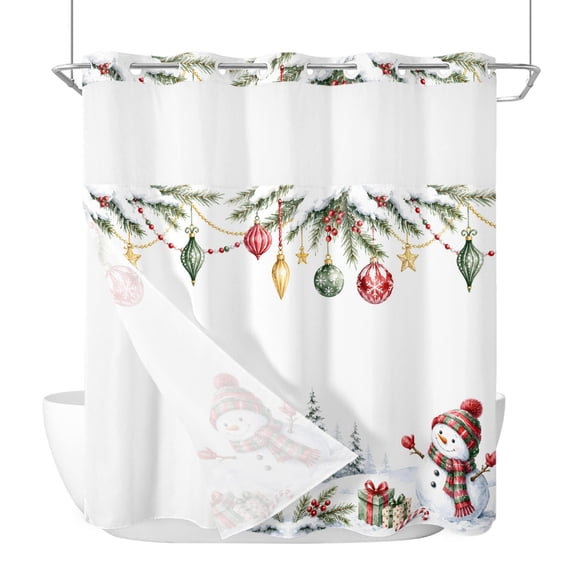 Christmas Snowman No Hook Shower Curtain with Snap in Liner, Winter Snowy Pine Tree Baubles Gifts Rustic Waterproof Shower Curtains with See Through Top Window Liner for Bathroom, 72x72 Inches
