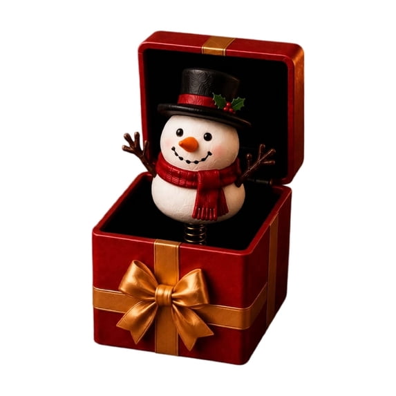 Christmas Snowman Jack in The Box Figurine, Resin Pop-Up Snowman in Gift Box Statue with Top Hat & Red Scarf, Christmas Tabletop Decor, Surprise Christmas Gift Ornament for Home Shelf