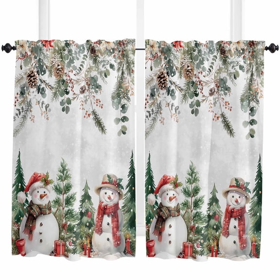 Christmas Snowman Kitchen Curtain 2 Panels Curtains 54 Inch Length, Xmas Tree Snowflake Pinecone Curtains Rod Pocket Curtains Window Drapes Treatment Window Cafe Curtains