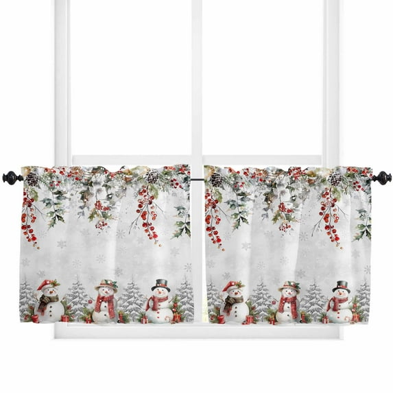 Christmas Snowman Kitchen Curtain 2 Panels Tiers Curtains 24 Inch Length, Xmas Snowflake Berry Botanical Curtains Rod Pocket Curtains Window Drapes Treatment Window Cafe Curtains