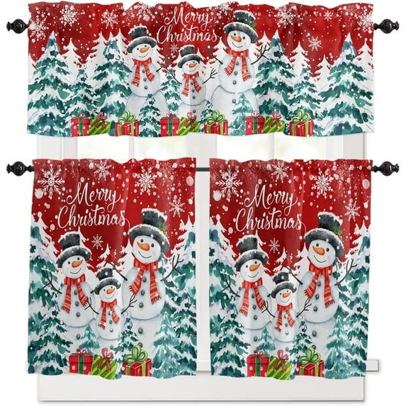 Christmas Snowman Kitchen Curtains Set Small Half Curtains 24 Inches Length, Xmas Tree Snowflake Tier Curtains and Valance Set, Red Curtain Window Treatment Draperies for Cafe Bedroom