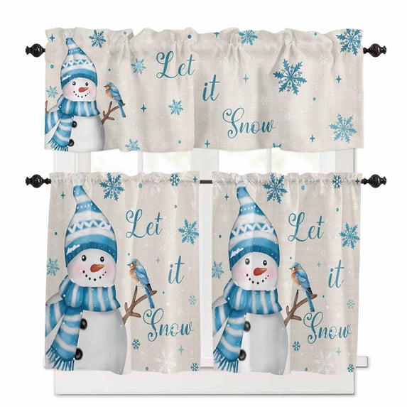 Christmas Snowman Kitchen Curtains and Valances Set, Bird Snowflake Winter Blue Linen Texture Rod Pocket Window Valance Window Curtain Panels for Living Room Bedroom Laundry, 27.5x36in, 3 Pieces