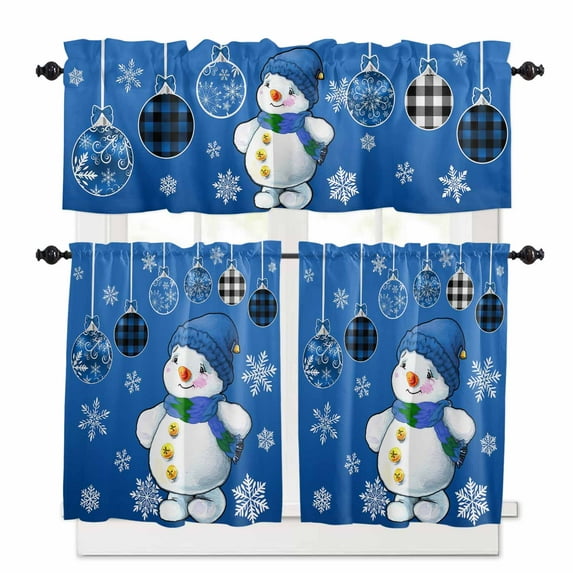 Christmas Snowman Kitchen Curtains and Valances Set, Blue Plaid Xmas Balls Snowflakes Winter Rod Pocket Window Valance Window Curtain Panels for Living Room Bedroom Laundry, 27.5x24in, 3 Pieces