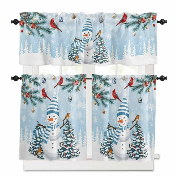 Christmas Snowman Kitchen Curtains and Valances Set, Classic Winter Christmas Tree Blue Rod Pocket Window Valance 18 Inch Window Curtain Panels for Living Room Bedroom Laundry, 27.5x24in, 3 Pieces