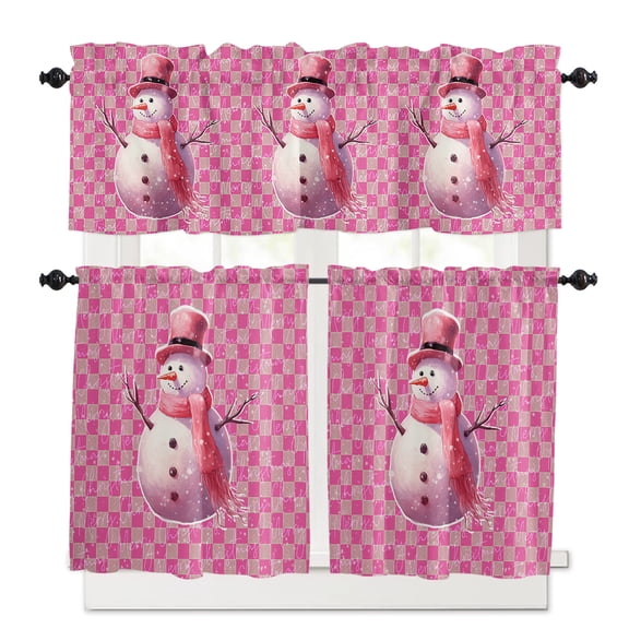 Christmas Snowman Kitchen Curtains and Valances Set, Pink and Beige Buffalo Plaid Rod Pocket Window Valance 18 Inch Window Curtain Panels for Living Room Bedroom Laundry, 27.5x36in, 3 Pieces