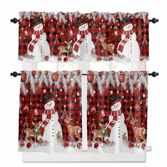 Christmas Snowman Kitchen Curtains and Valances Set, Silver Pine Leaves Black Red Buffalo Plaid Rod Pocket Window Valance Window Curtain Panels for Living Room Bedroom Laundry, 27.5x24in, 3 Pieces