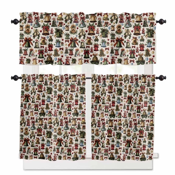 Christmas Snowman Kitchen Curtains and Valances Set, Spruce Leaves Bell Balls Bells Beige Linen Rod Pocket Window Valance Window Curtain Panels for Living Room Bedroom Laundry, 27.5x24in, 3 Pieces