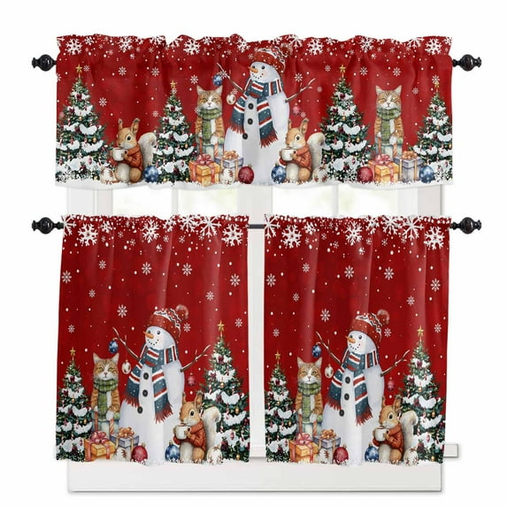 Christmas Snowman Kitchen Curtains and Valances Set, Squirrel Cat Winter Tree Snowflake Red Rod Pocket Window Valance Window Curtain Panels for Living Room Bedroom Laundry, 27.5x24in, 3 Pieces
